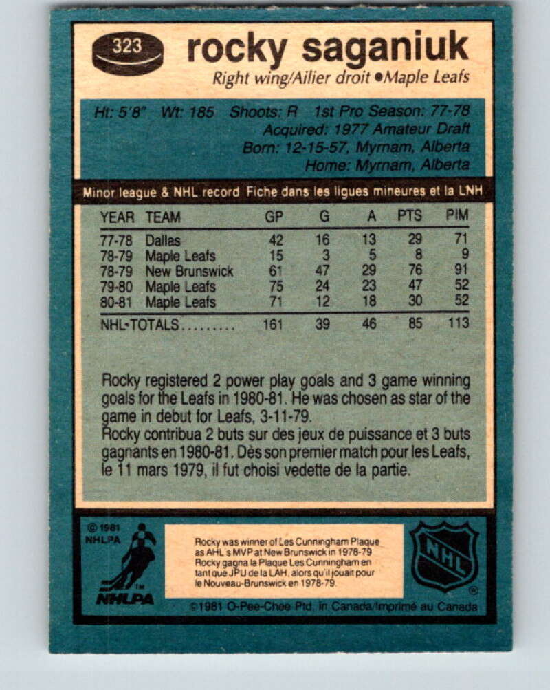 1981-82 O-Pee-Chee #323 Rocky Saganiuk  Toronto Maple Leafs  V31775