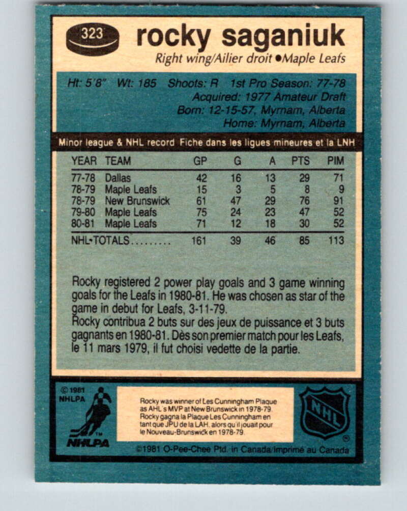 1981-82 O-Pee-Chee #323 Rocky Saganiuk  Toronto Maple Leafs  V31778