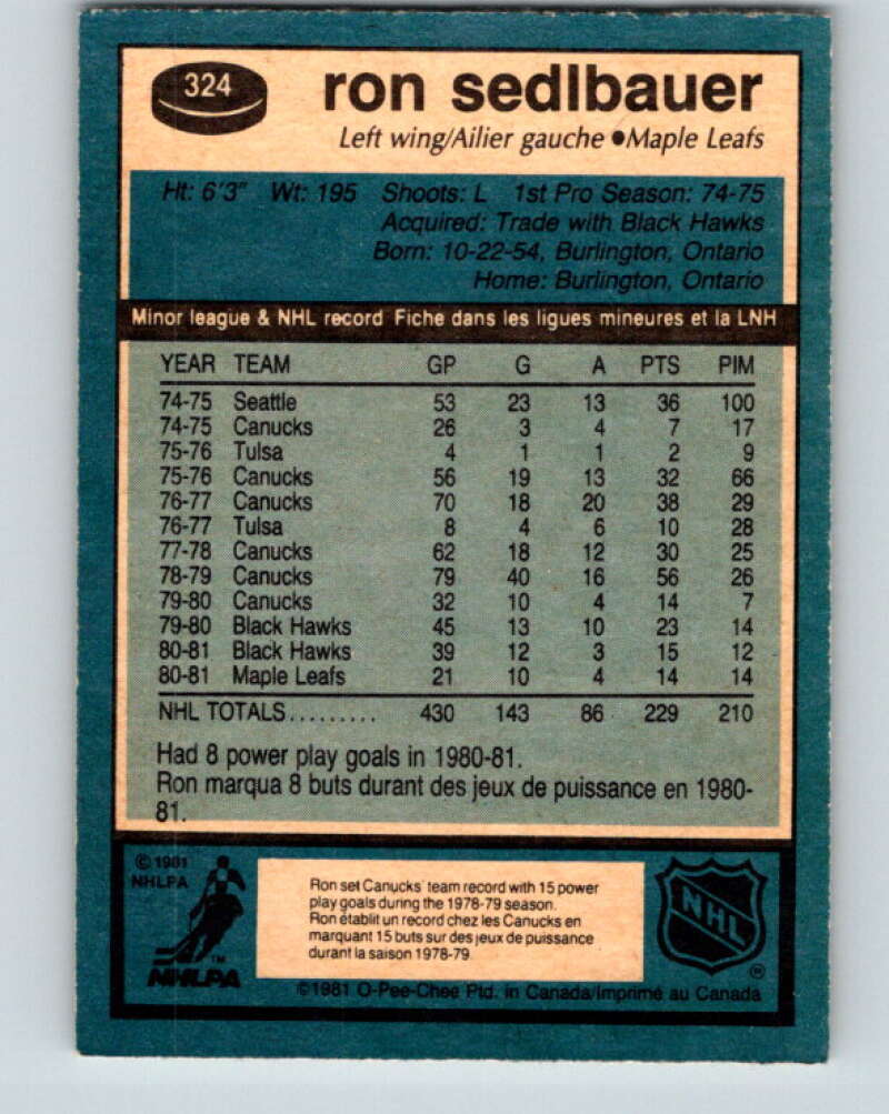 1981-82 O-Pee-Chee #324 Ron Sedlbauer  Toronto Maple Leafs  V31779