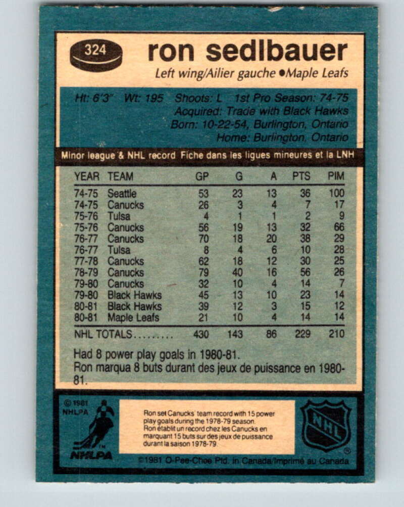 1981-82 O-Pee-Chee #324 Ron Sedlbauer  Toronto Maple Leafs  V31786