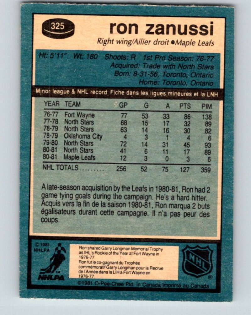 1981-82 O-Pee-Chee #325 Ron Zanussi  Toronto Maple Leafs  V31789