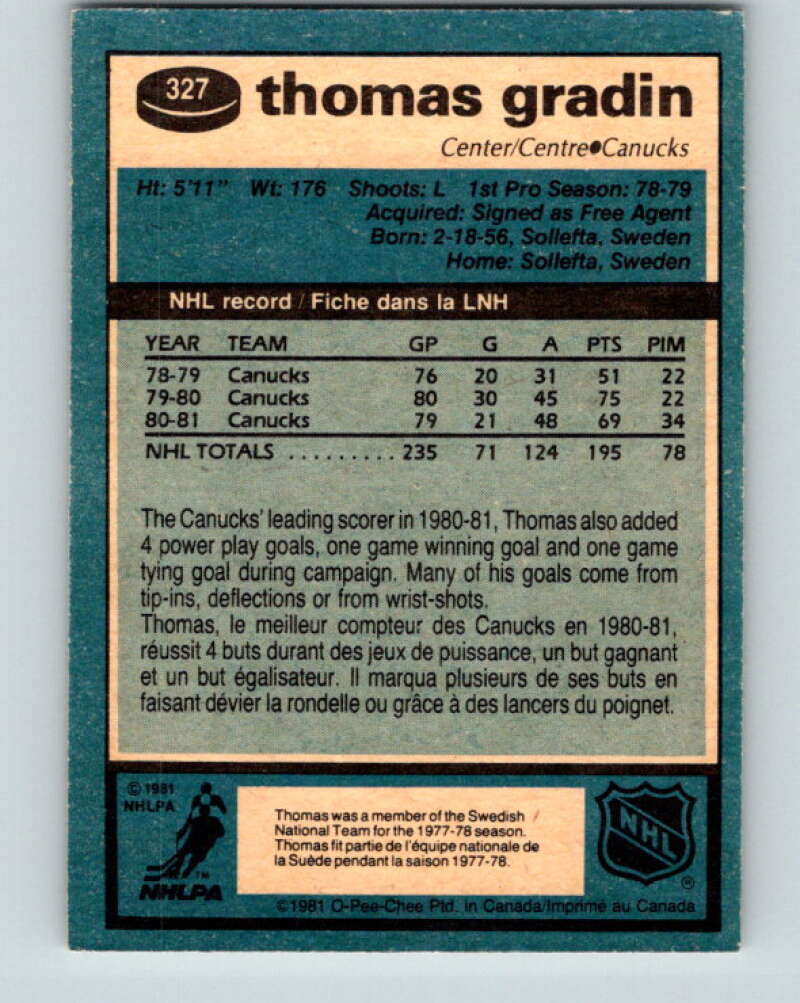 1981-82 O-Pee-Chee #327 Thomas Gradin  Vancouver Canucks  V31804