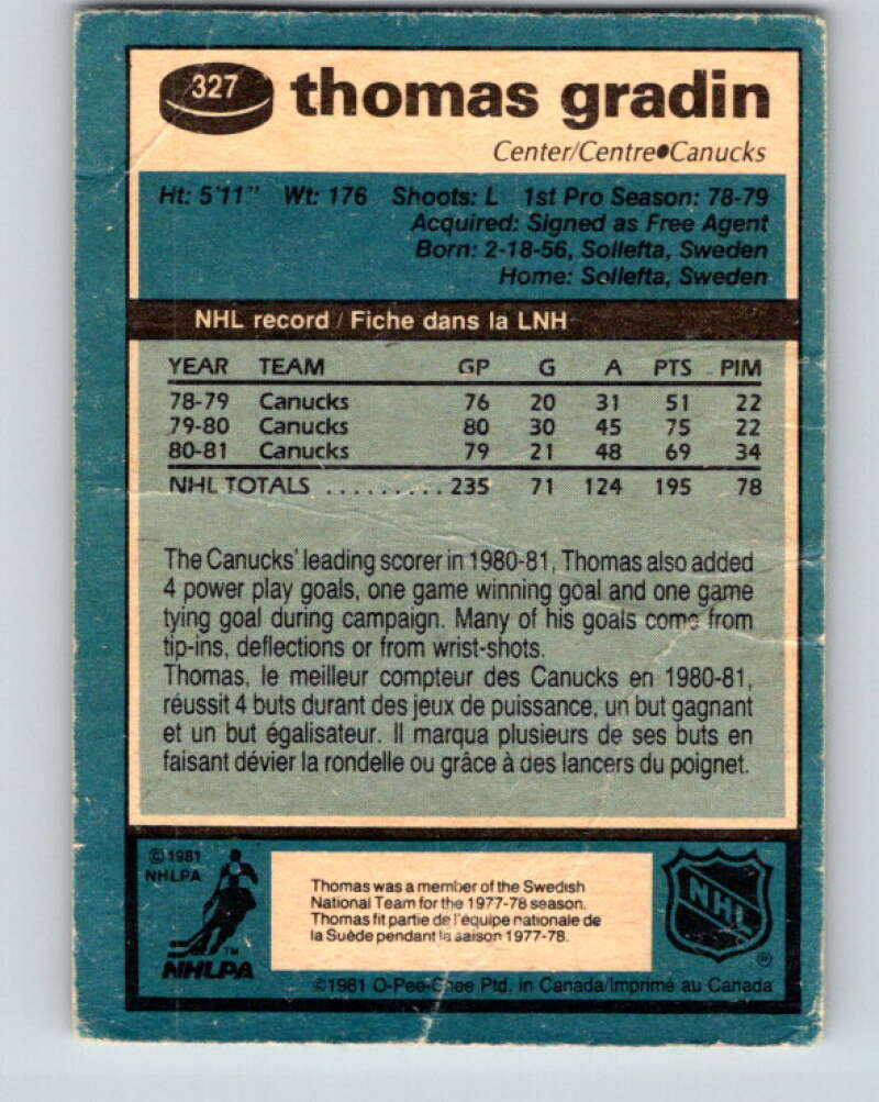 1981-82 O-Pee-Chee #327 Thomas Gradin  Vancouver Canucks  V31805