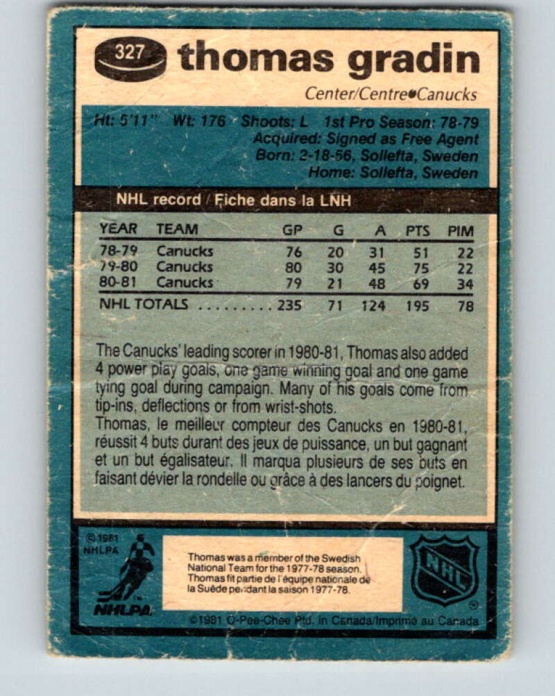 1981-82 O-Pee-Chee #327 Thomas Gradin  Vancouver Canucks  V31806