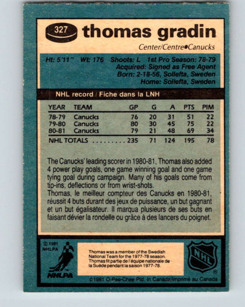 1981-82 O-Pee-Chee #327 Thomas Gradin  Vancouver Canucks  V31807