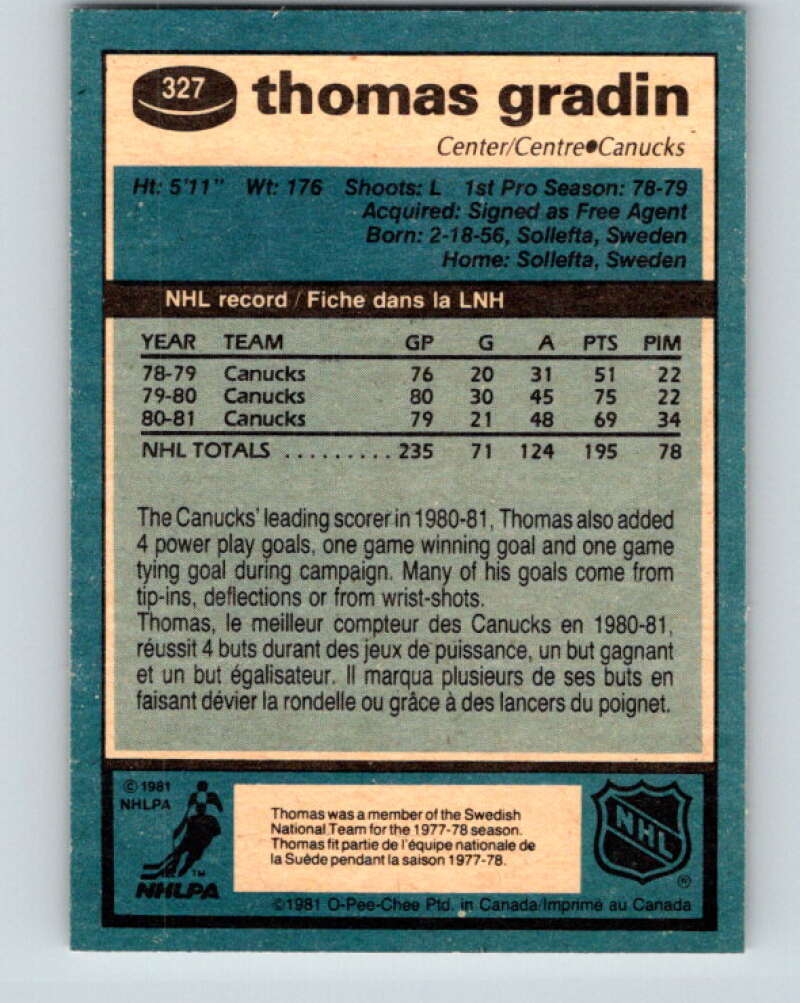 1981-82 O-Pee-Chee #327 Thomas Gradin  Vancouver Canucks  V31809