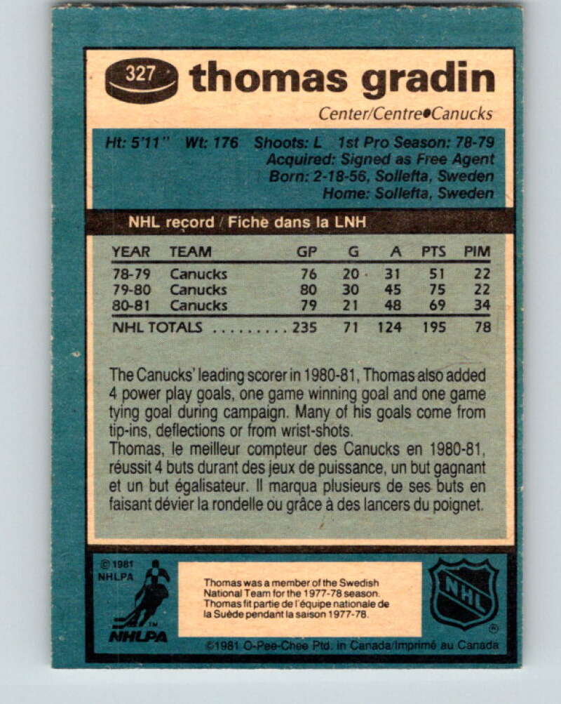 1981-82 O-Pee-Chee #327 Thomas Gradin  Vancouver Canucks  V31811