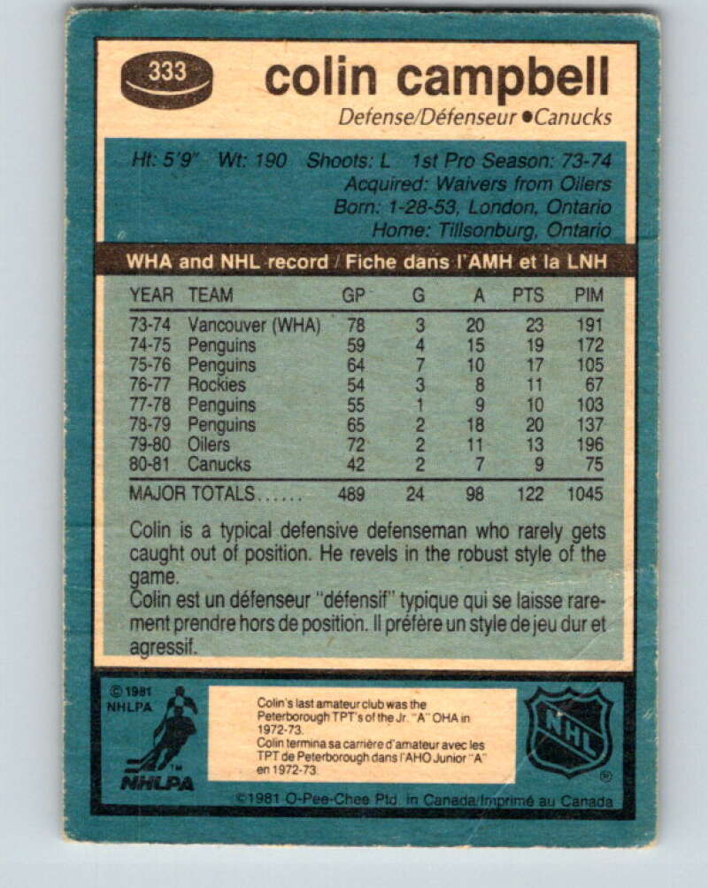 1981-82 O-Pee-Chee #333 Colin Campbell  Vancouver Canucks  V31841