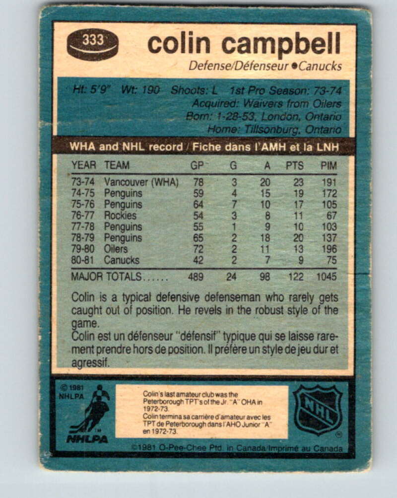1981-82 O-Pee-Chee #333 Colin Campbell  Vancouver Canucks  V31842