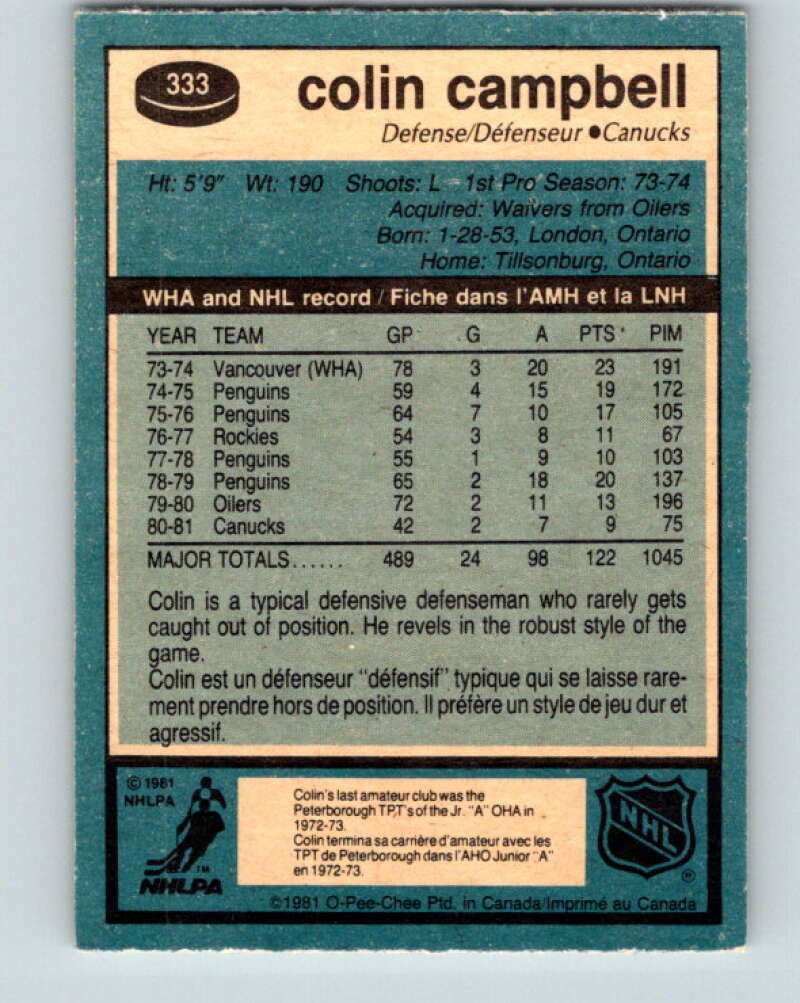 1981-82 O-Pee-Chee #333 Colin Campbell  Vancouver Canucks  V31845