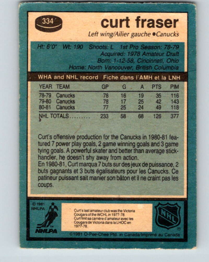 1981-82 O-Pee-Chee #334 Curt Fraser  Vancouver Canucks  V31850