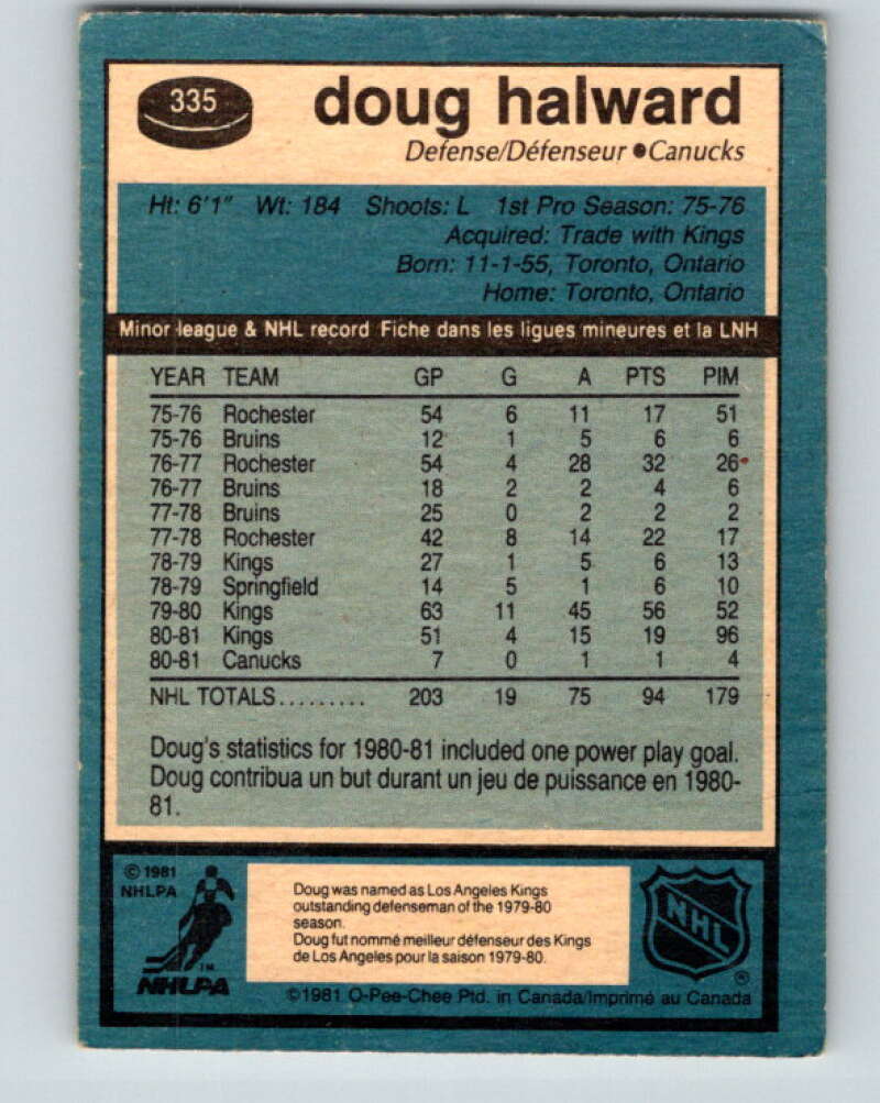 1981-82 O-Pee-Chee #335 Doug Halward  Vancouver Canucks  V31859