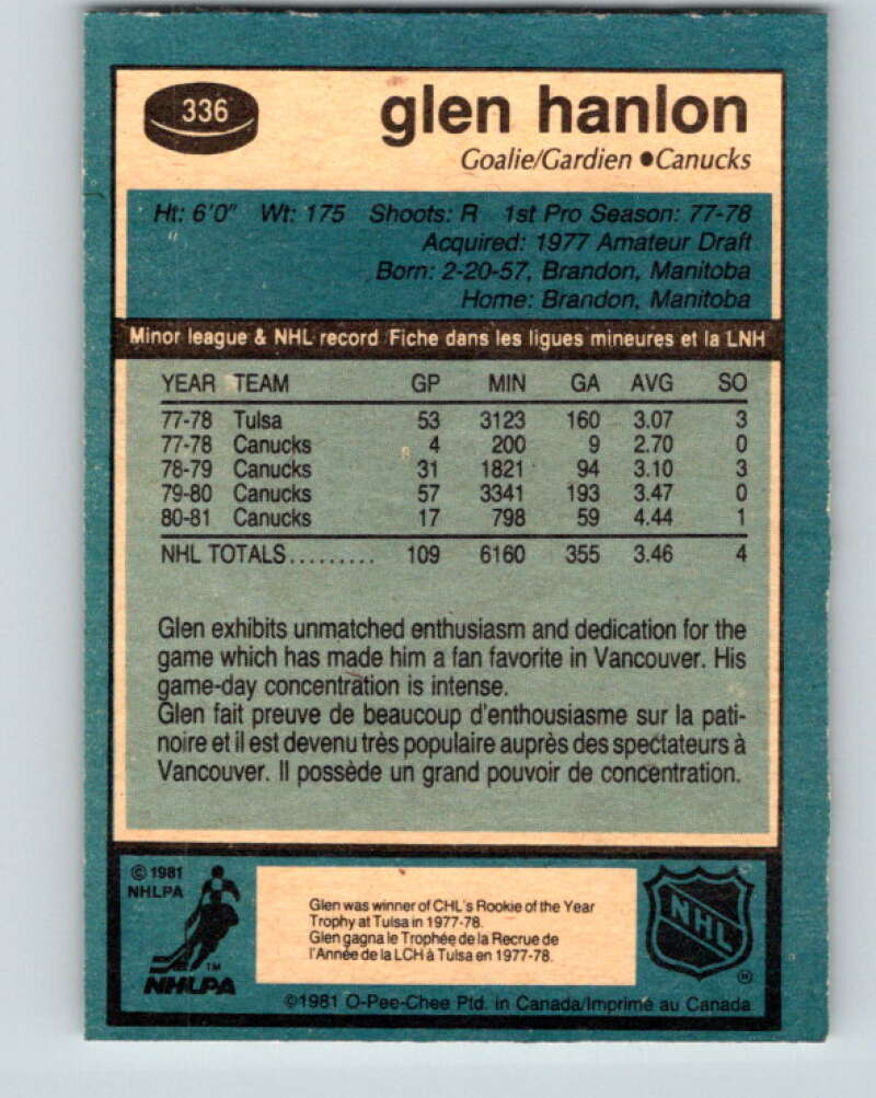 1981-82 O-Pee-Chee #336 Glen Hanlon  Vancouver Canucks  V31867