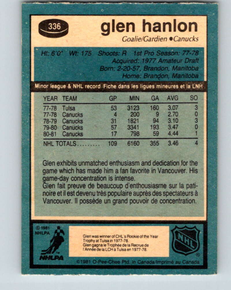 1981-82 O-Pee-Chee #336 Glen Hanlon  Vancouver Canucks  V31868