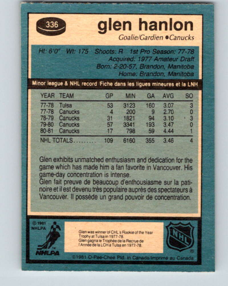 1981-82 O-Pee-Chee #336 Glen Hanlon  Vancouver Canucks  V31870