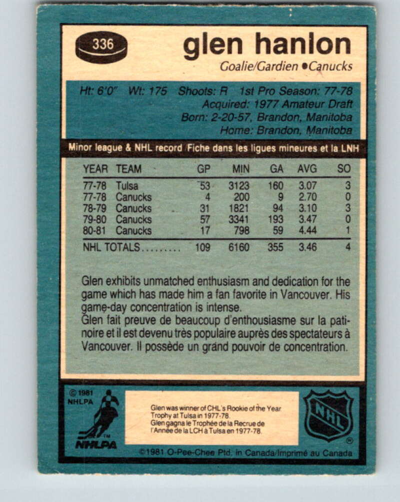 1981-82 O-Pee-Chee #336 Glen Hanlon  Vancouver Canucks  V31873