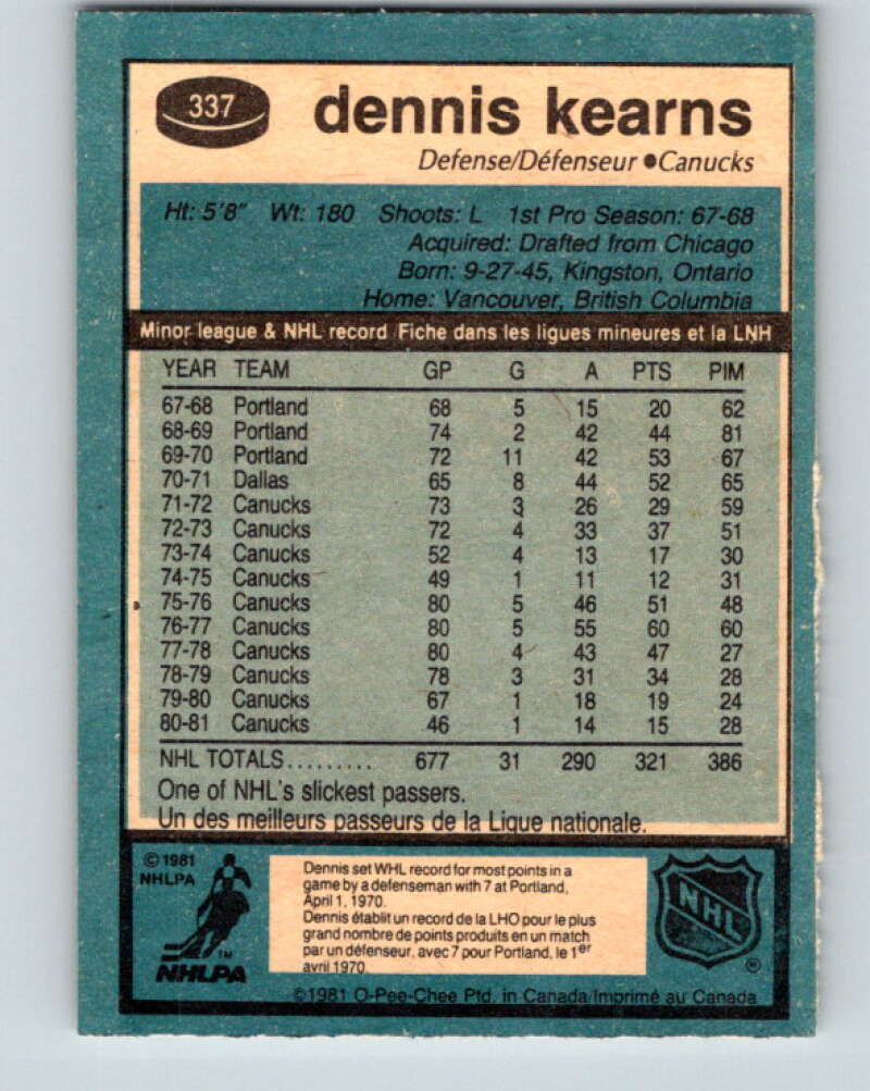 1981-82 O-Pee-Chee #337 Dennis Kearns  Vancouver Canucks  V31875