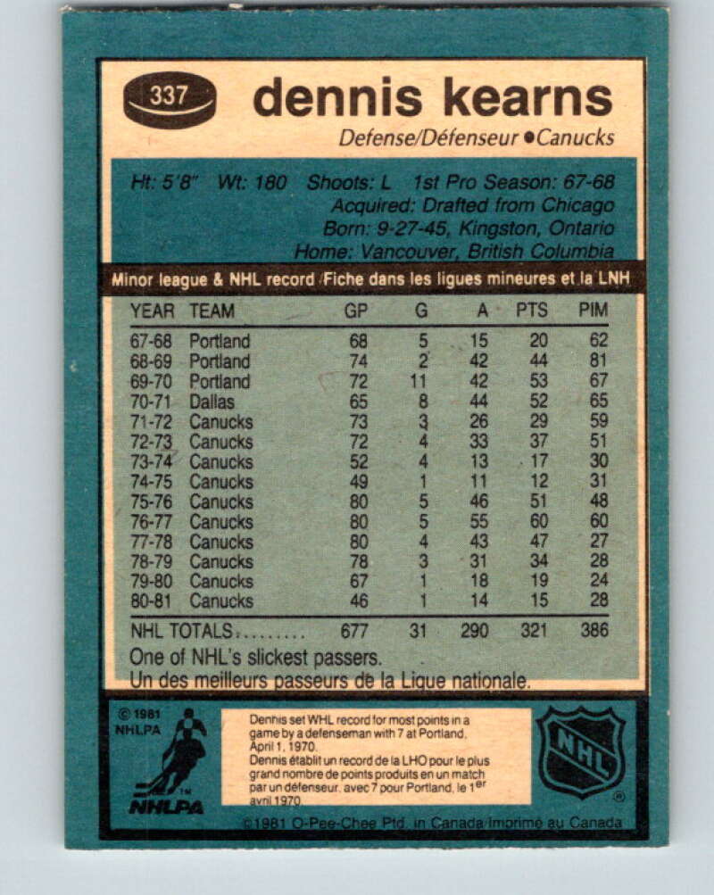 1981-82 O-Pee-Chee #337 Dennis Kearns  Vancouver Canucks  V31876