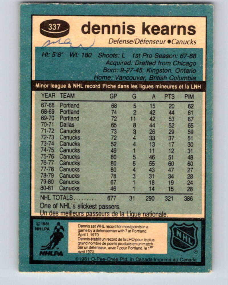 1981-82 O-Pee-Chee #337 Dennis Kearns  Vancouver Canucks  V31877