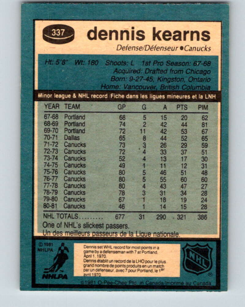 1981-82 O-Pee-Chee #337 Dennis Kearns  Vancouver Canucks  V31878