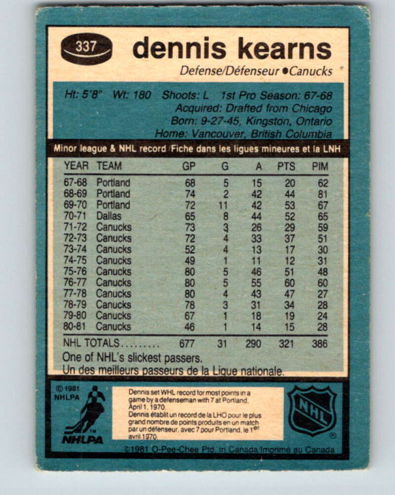 1981-82 O-Pee-Chee #337 Dennis Kearns  Vancouver Canucks  V31879