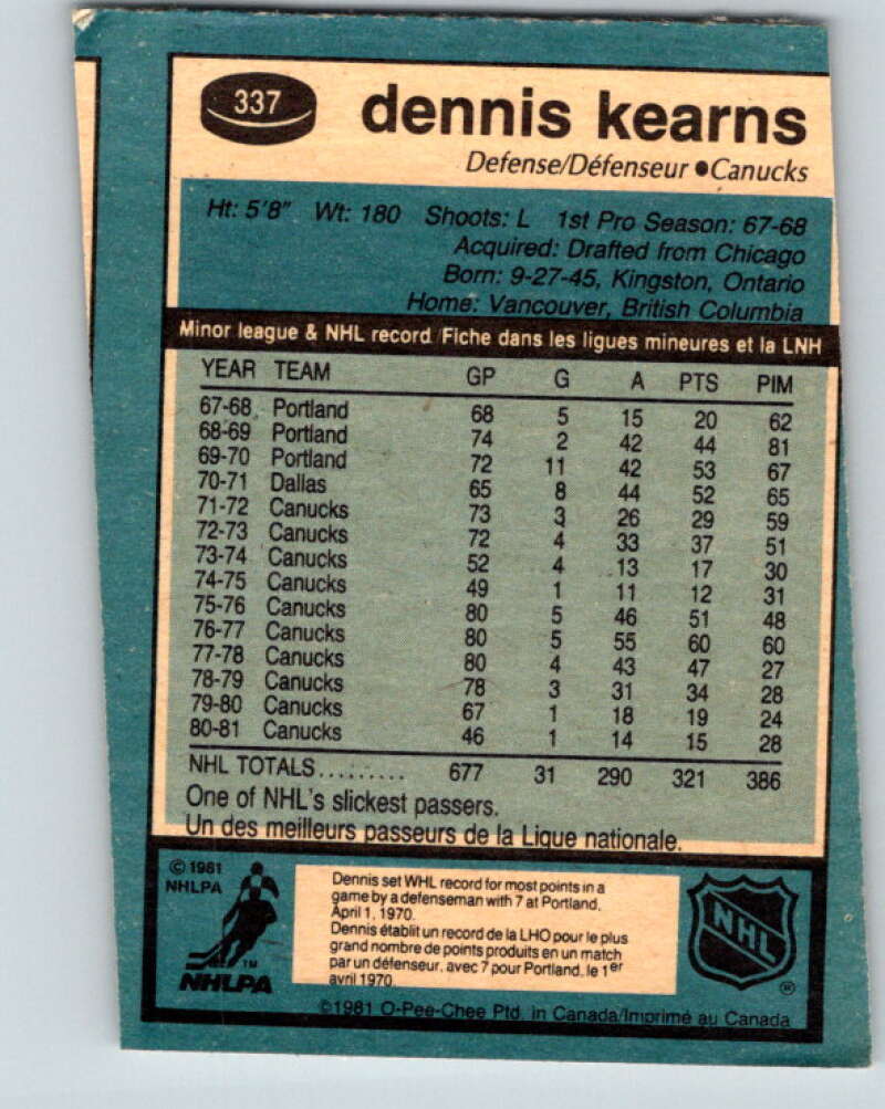 1981-82 O-Pee-Chee #337 Dennis Kearns  Vancouver Canucks  V31880