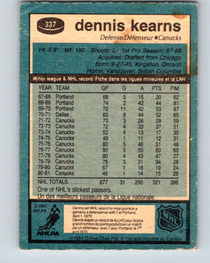 1981-82 O-Pee-Chee #337 Dennis Kearns  Vancouver Canucks  V31881