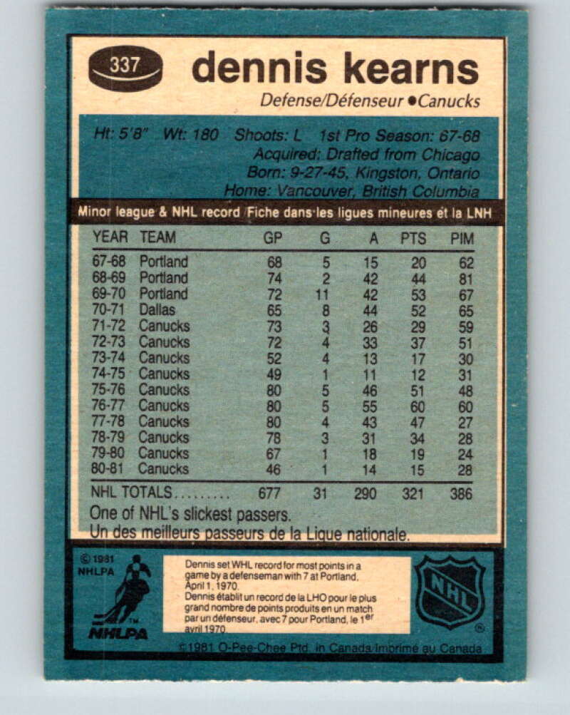 1981-82 O-Pee-Chee #337 Dennis Kearns  Vancouver Canucks  V31882