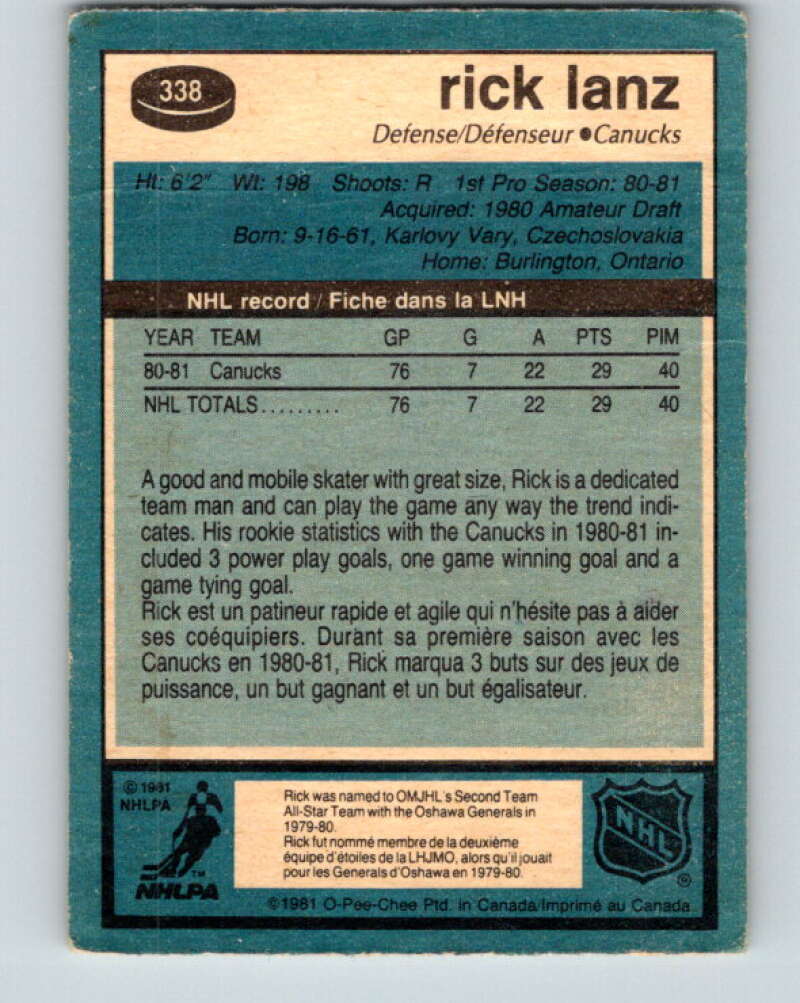 1981-82 O-Pee-Chee #338 Rick Lanz UER  RC Rookie Canucks  V31883