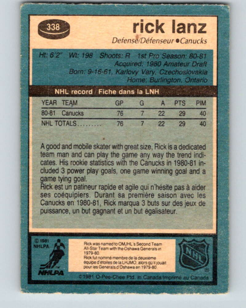 1981-82 O-Pee-Chee #338 Rick Lanz UER  RC Rookie Canucks  V31885