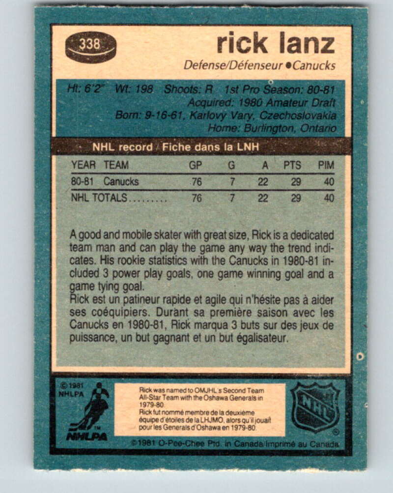 1981-82 O-Pee-Chee #338 Rick Lanz UER  RC Rookie Canucks  V31887