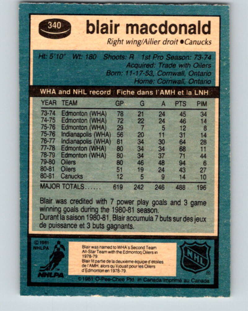 1981-82 O-Pee-Chee #340 Blair MacDonald  Vancouver Canucks  V31894