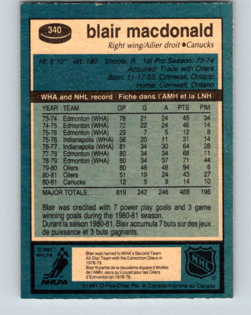 1981-82 O-Pee-Chee #340 Blair MacDonald  Vancouver Canucks  V31895