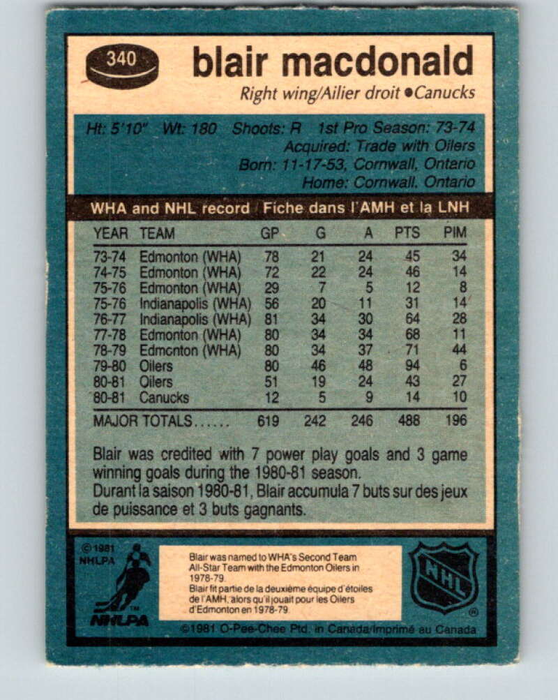 1981-82 O-Pee-Chee #340 Blair MacDonald  Vancouver Canucks  V31897