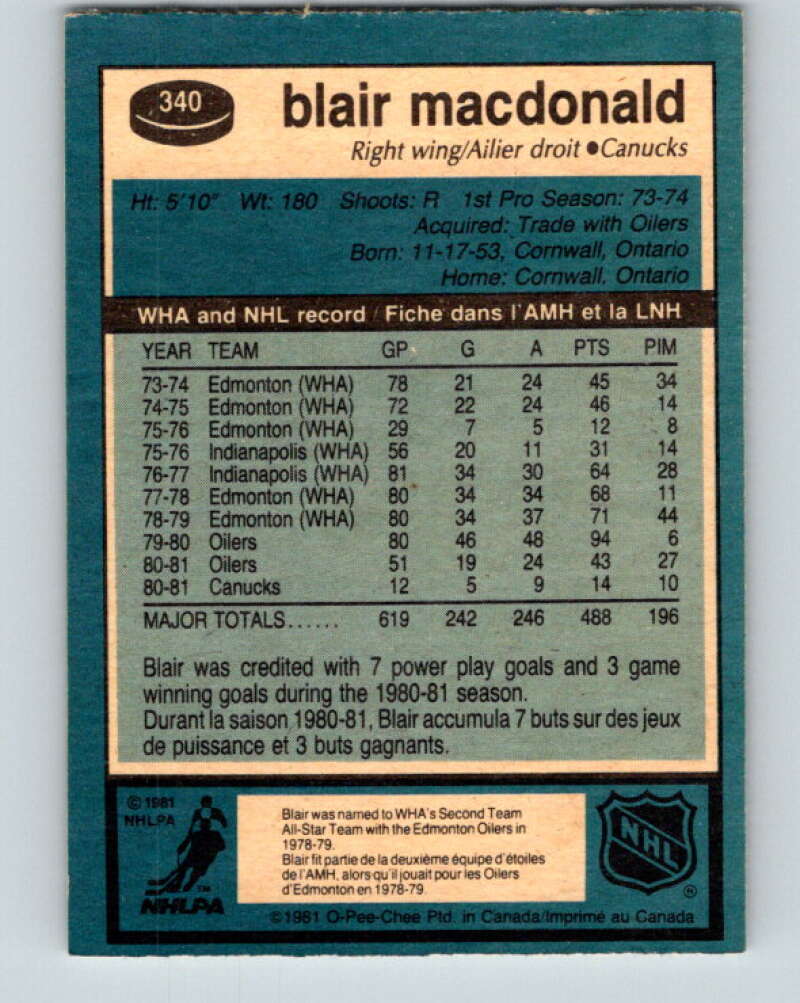 1981-82 O-Pee-Chee #340 Blair MacDonald  Vancouver Canucks  V31900