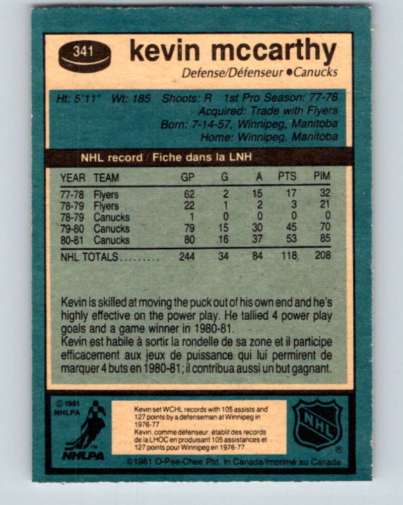 1981-82 O-Pee-Chee #341 Kevin McCarthy  Vancouver Canucks  V31901