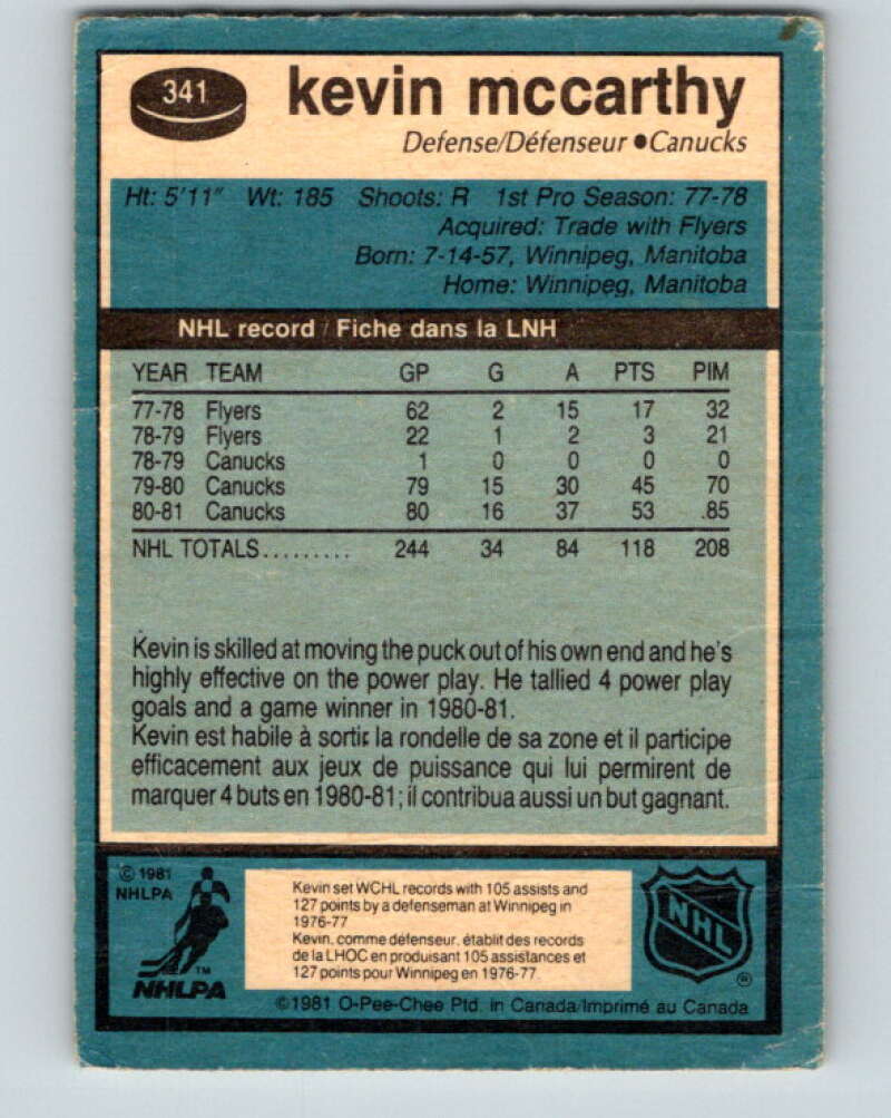 1981-82 O-Pee-Chee #341 Kevin McCarthy  Vancouver Canucks  V31903