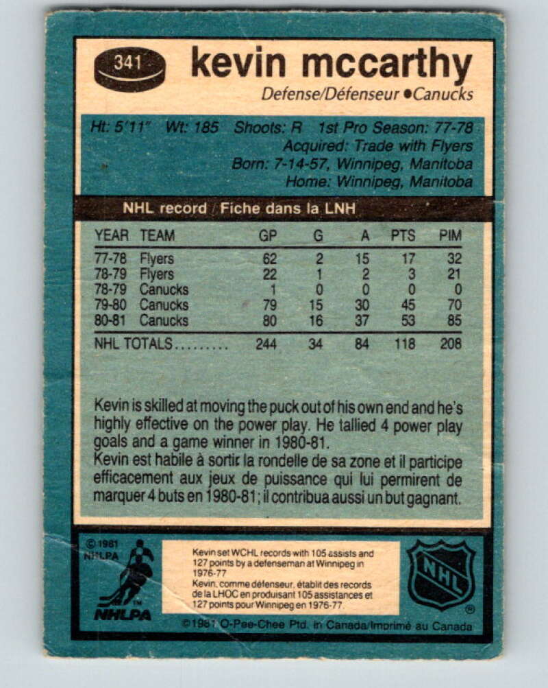 1981-82 O-Pee-Chee #341 Kevin McCarthy  Vancouver Canucks  V31904