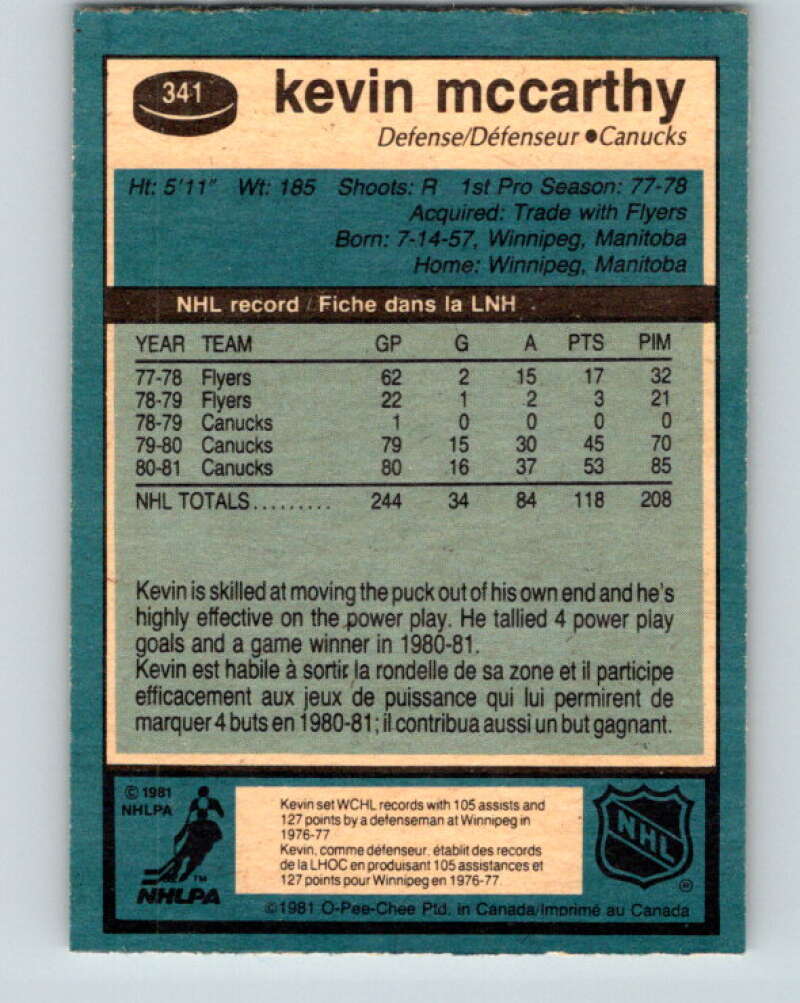 1981-82 O-Pee-Chee #341 Kevin McCarthy  Vancouver Canucks  V31912