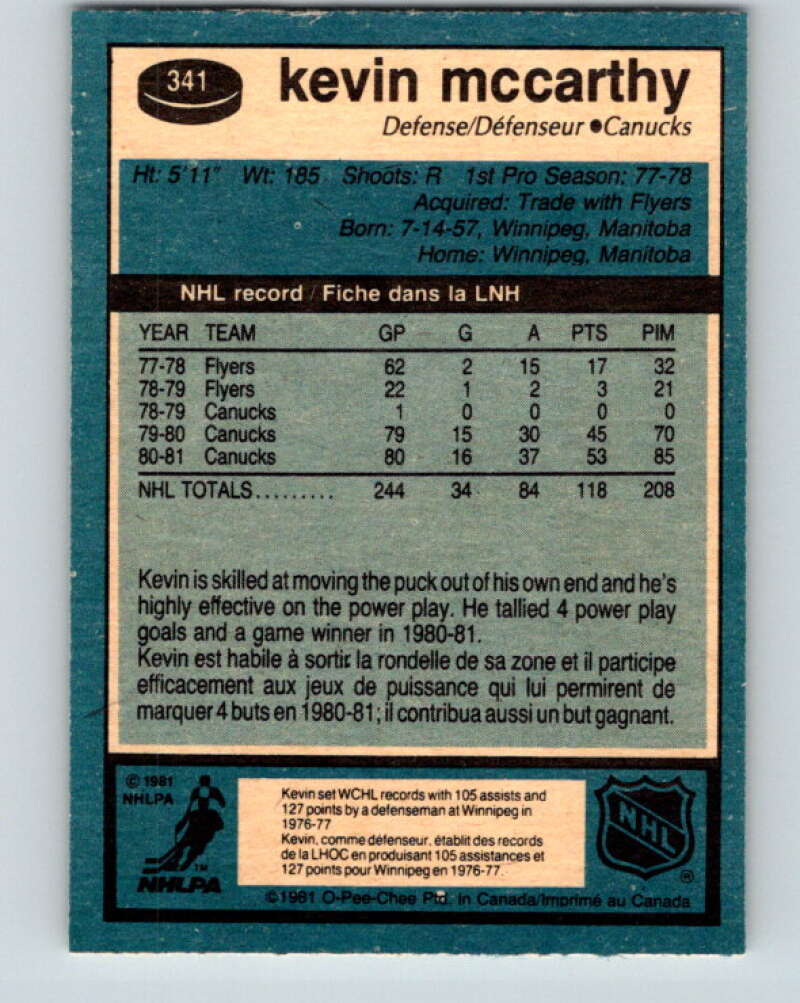 1981-82 O-Pee-Chee #341 Kevin McCarthy  Vancouver Canucks  V31913