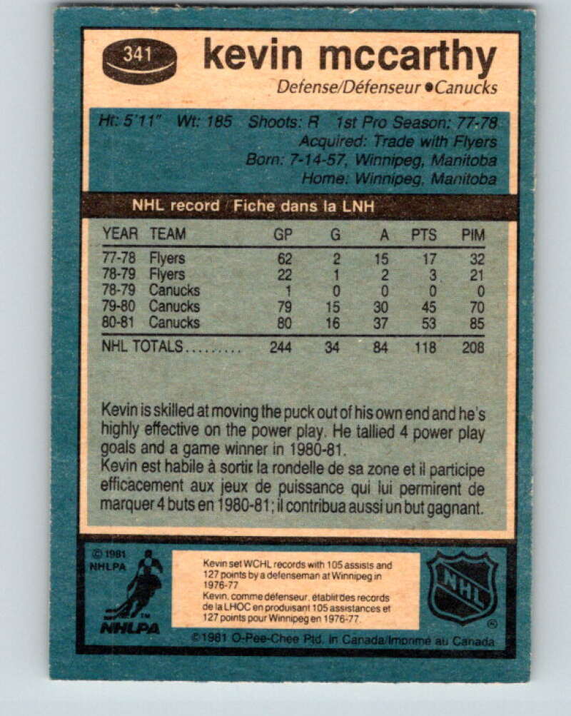 1981-82 O-Pee-Chee #341 Kevin McCarthy  Vancouver Canucks  V31914