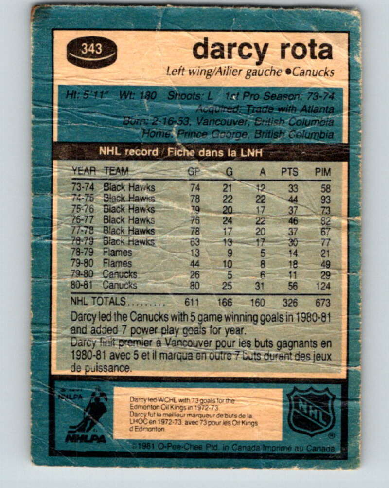 1981-82 O-Pee-Chee #343 Darcy Rota  Vancouver Canucks  V31925