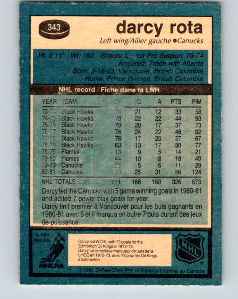 1981-82 O-Pee-Chee #343 Darcy Rota  Vancouver Canucks  V31927