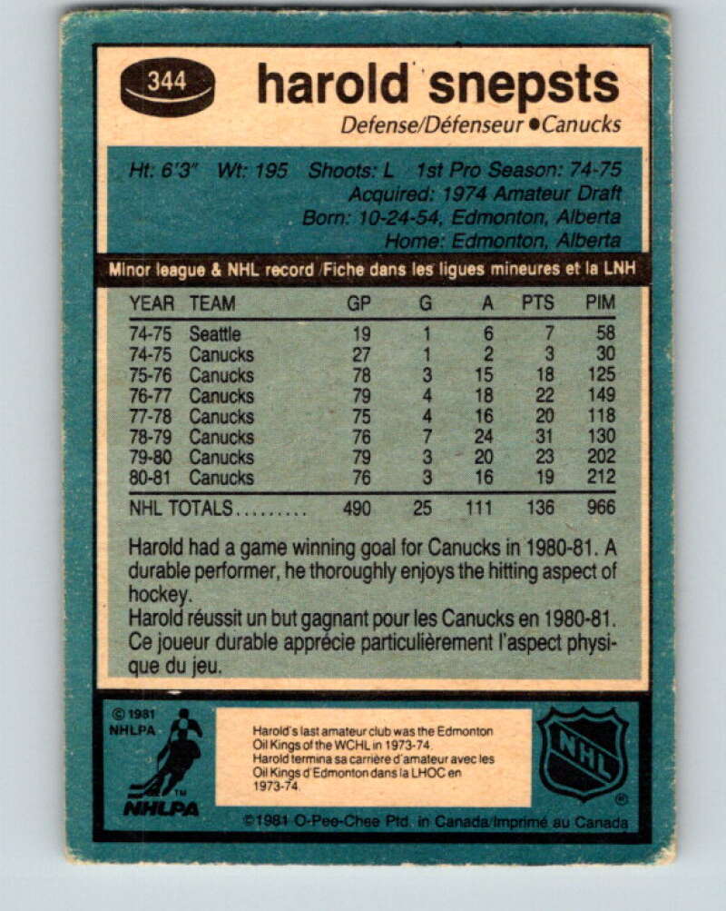 1981-82 O-Pee-Chee #344 Harold Snepsts  Vancouver Canucks  V31930