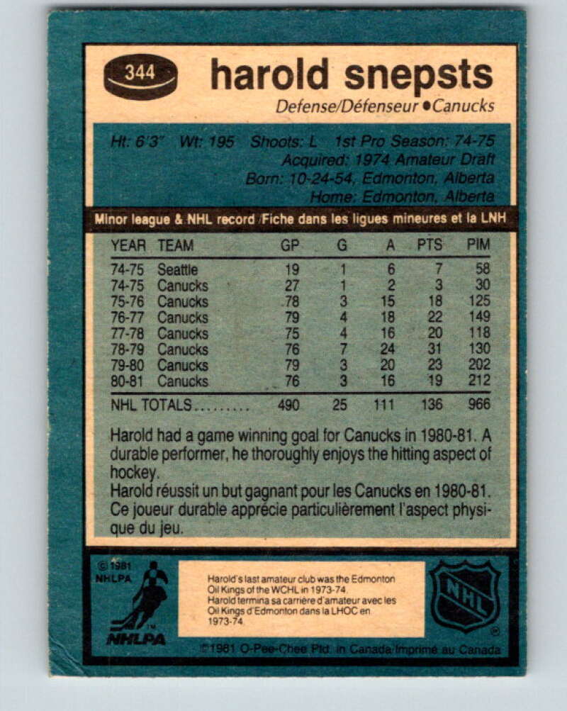 1981-82 O-Pee-Chee #344 Harold Snepsts  Vancouver Canucks  V31933