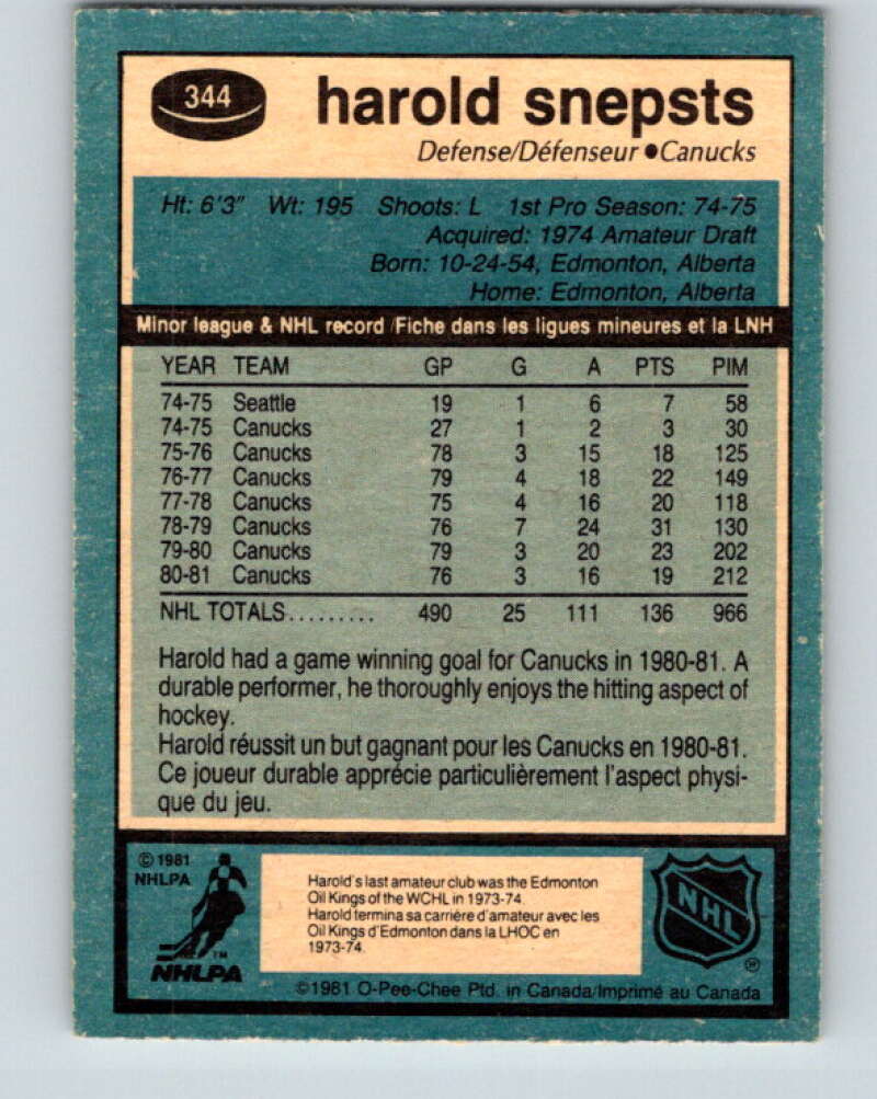 1981-82 O-Pee-Chee #344 Harold Snepsts  Vancouver Canucks  V31934