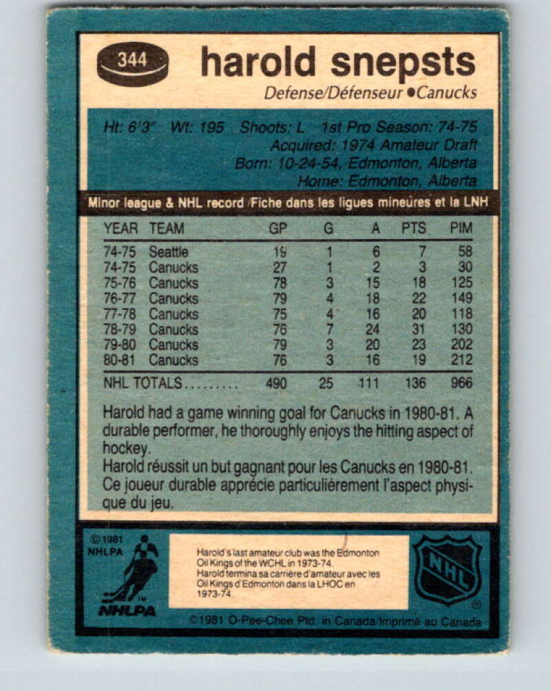 1981-82 O-Pee-Chee #344 Harold Snepsts  Vancouver Canucks  V31937