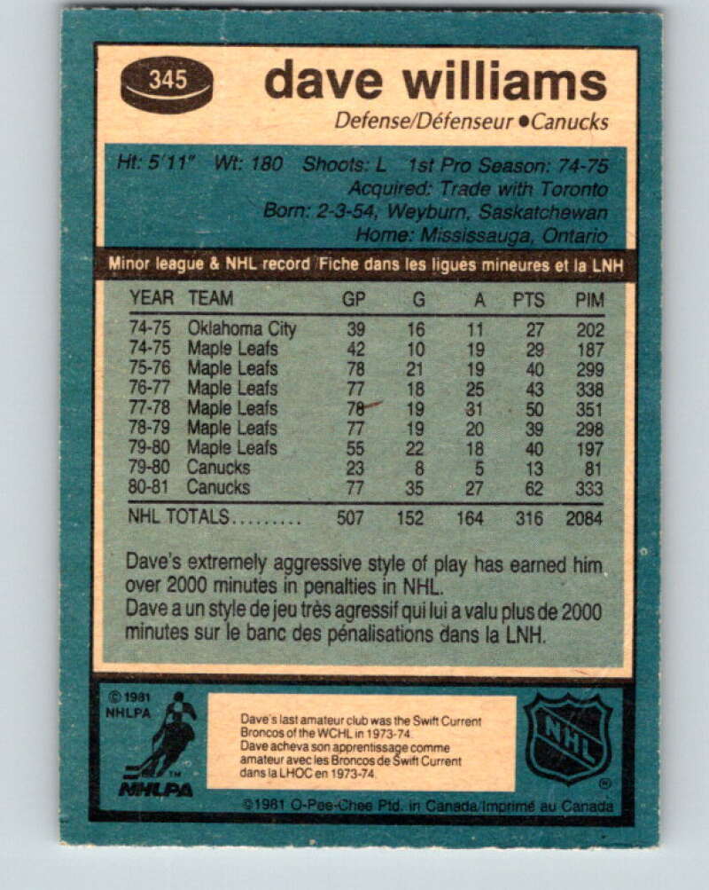 1981-82 O-Pee-Chee #345 Tiger Williams  Vancouver Canucks  V31939