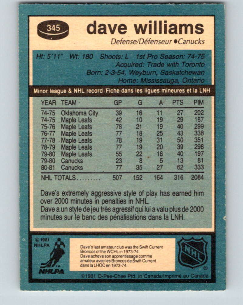 1981-82 O-Pee-Chee #345 Tiger Williams  Vancouver Canucks  V31942