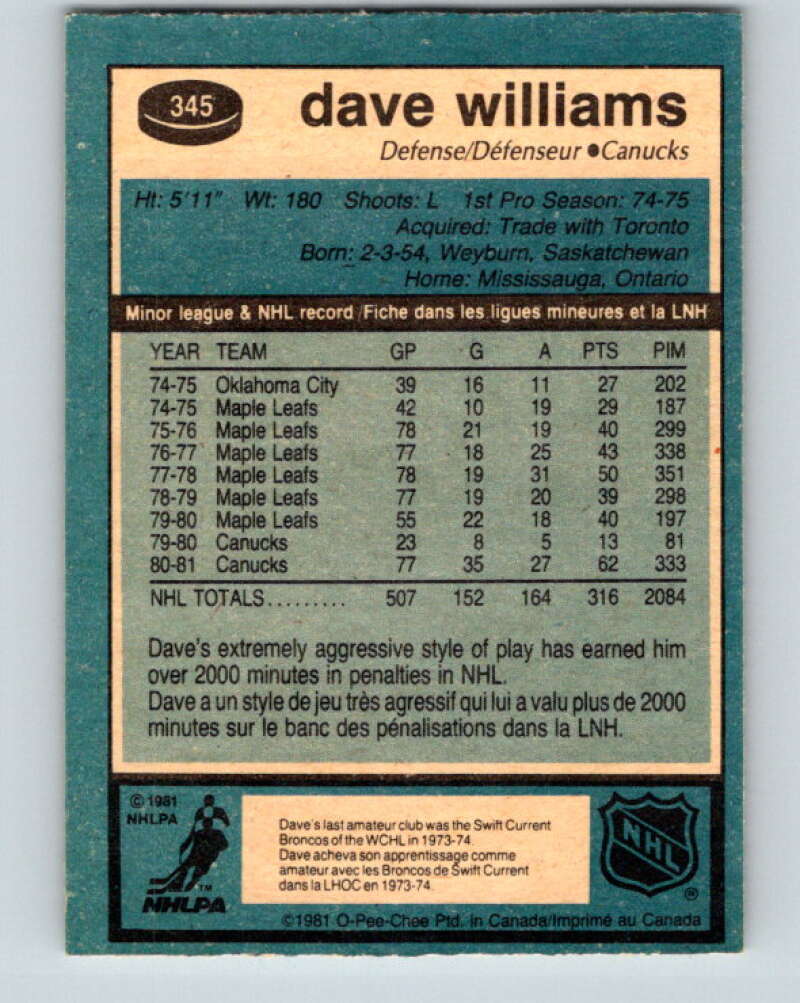 1981-82 O-Pee-Chee #345 Tiger Williams  Vancouver Canucks  V31944